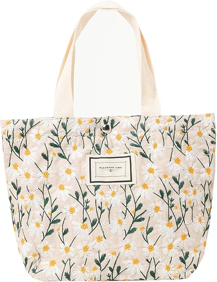 Embroidered Canvas Tote Bag – Small Floral Hobo Purse for Women