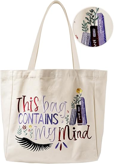 Embroidered Cotton Tote Bag for Women with Magnetic Snap and Zipper Pocket