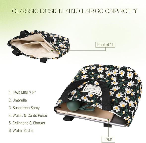 Embroidered Canvas Tote Bag – Small Floral Hobo Purse for Women