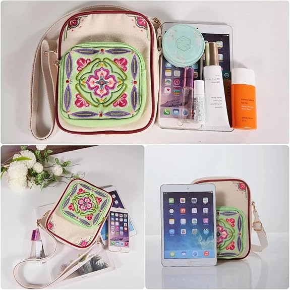 Embroidered Canvas Crossbody Bag – Small Lightweight Shoulder Purse