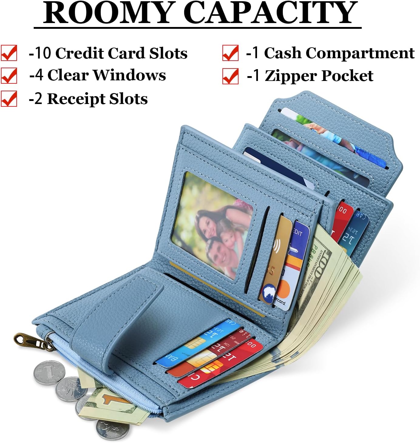 RFID Wallet for Women – Slim Bifold Card Holder with Zipper & ID Window