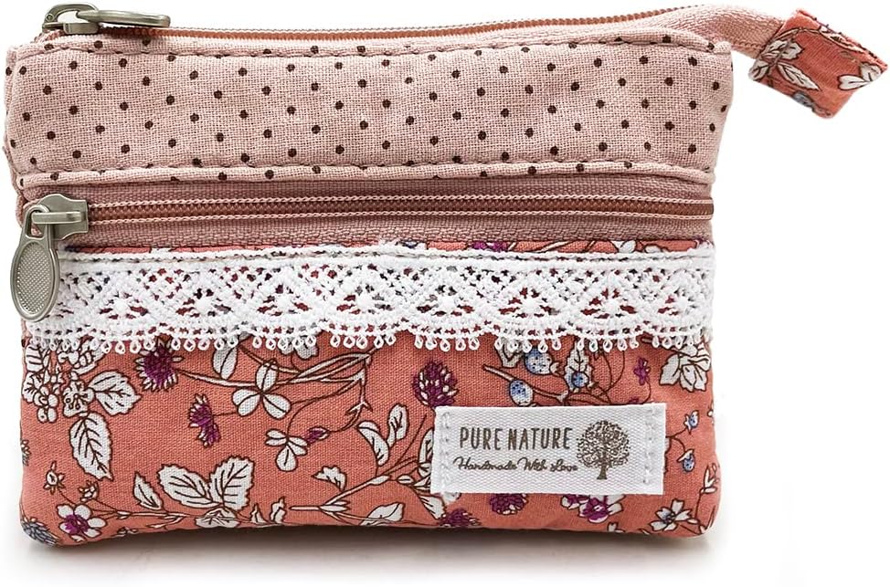 Women’s Small Embroidered Coin Purse – Double Zipper Cotton Wallet