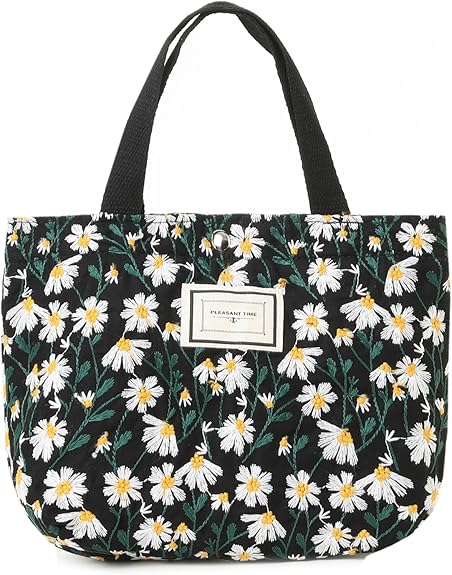 Embroidered Canvas Tote Bag – Small Floral Hobo Purse for Women