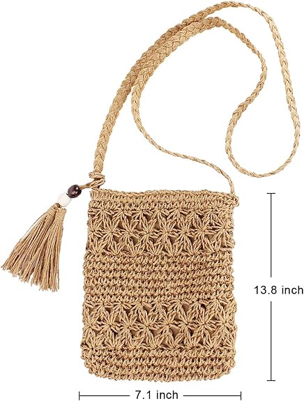 Handmade Straw Crossbody Bag – Woven Boho Shoulder Purse with Tassels for Women