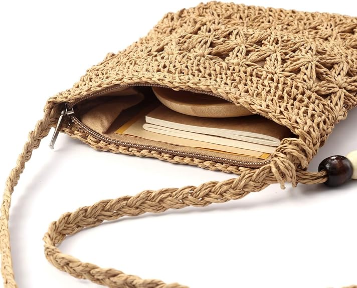 Handmade Straw Crossbody Bag – Woven Boho Shoulder Purse with Tassels for Women