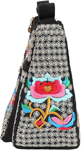 Embroidered Canvas Small Crossbody Bag with 3 Zippers – Phone Purse for Women