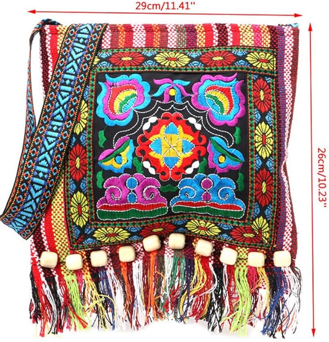 Boho Embroidered Sling Bag – Vintage Tribal Tassel Crossbody Purse