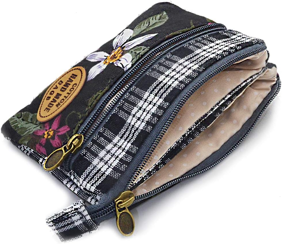 Women’s Small Embroidered Coin Purse – Double Zipper Cotton Wallet