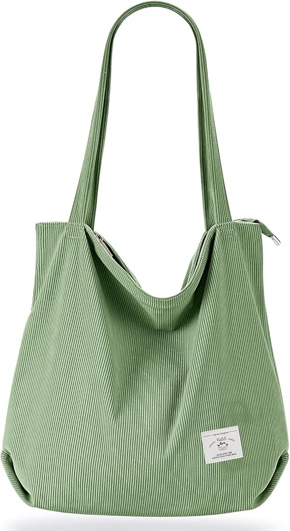 Corduroy Tote Bag for Women – Casual Zipper Shoulder Bag with Pockets