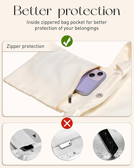 Embroidered Cotton Tote Bag for Women with Magnetic Snap and Zipper Pocket