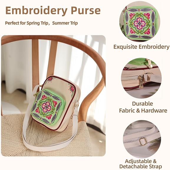 Embroidered Canvas Crossbody Bag – Small Lightweight Shoulder Purse