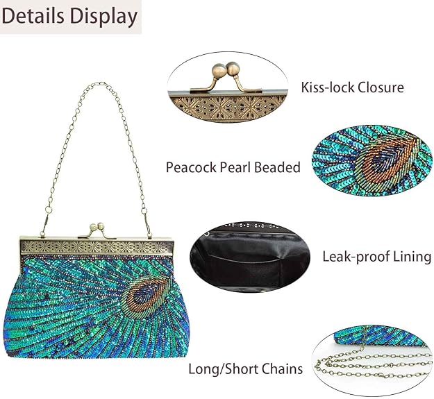 Sequin Beaded Peacock Clutch – Vintage Evening Bag for Women & Weddings