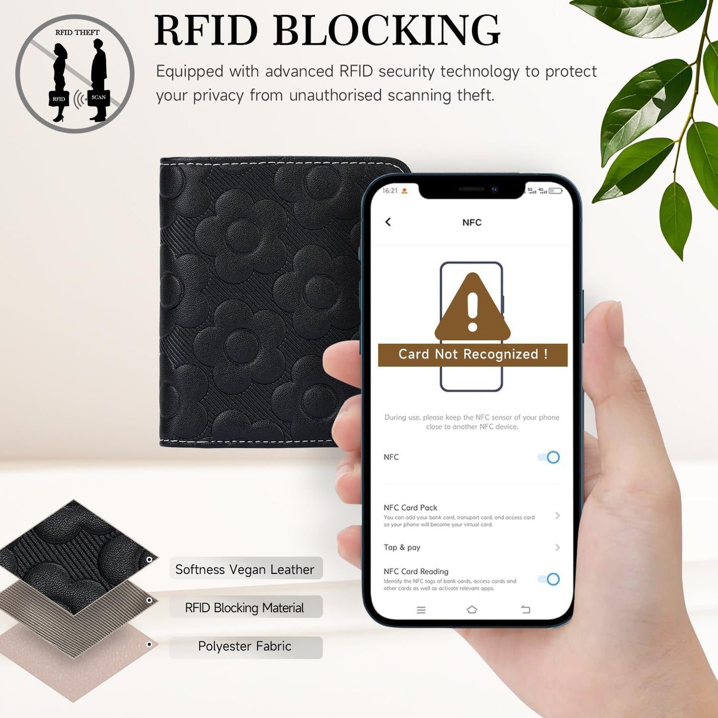 Slim RFID Leather Wallet for Women – Embossed Flower Bifold with Zipper
