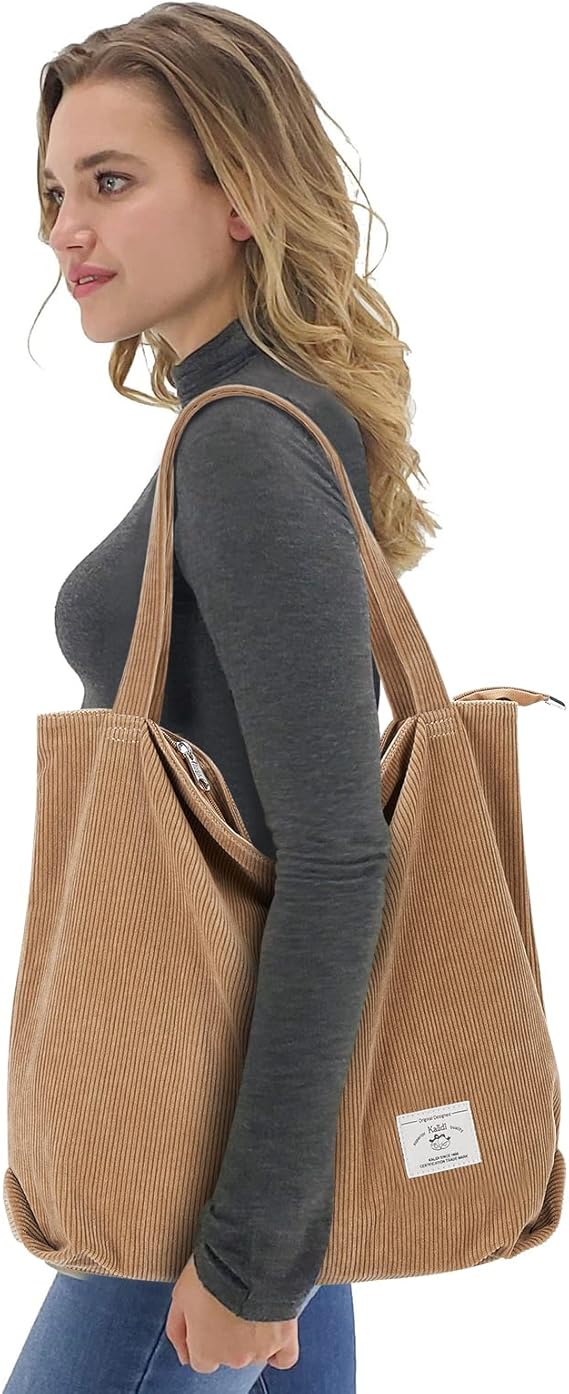 Corduroy Tote Bag for Women – Casual Zipper Shoulder Bag with Pockets