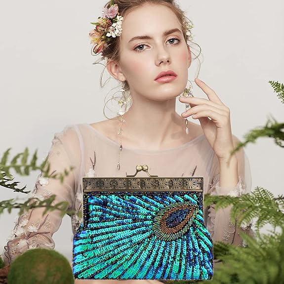 Sequin Beaded Peacock Clutch – Vintage Evening Bag for Women & Weddings