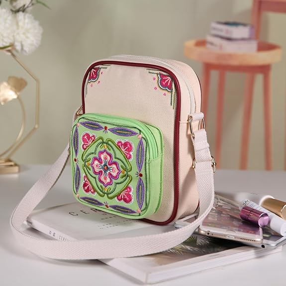 Embroidered Canvas Crossbody Bag – Small Lightweight Shoulder Purse