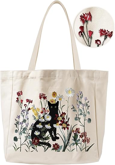 Embroidered Cotton Tote Bag for Women with Magnetic Snap and Zipper Pocket