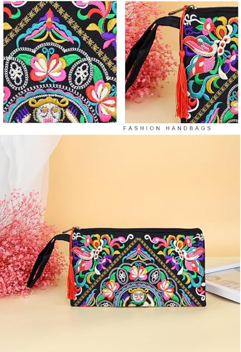 Boho Floral Embroidered Wristlet Clutch Bag for Women & Girls