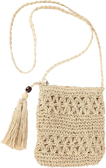Handmade Straw Crossbody Bag – Woven Boho Shoulder Purse with Tassels for Women