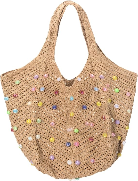 Boho Crochet Beach Tote Bag – Summer Knit Shoulder Bag with Beads