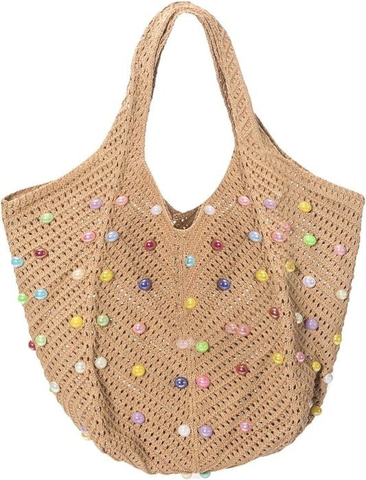 Boho Crochet Beach Tote Bag – Summer Knit Shoulder Bag with Beads