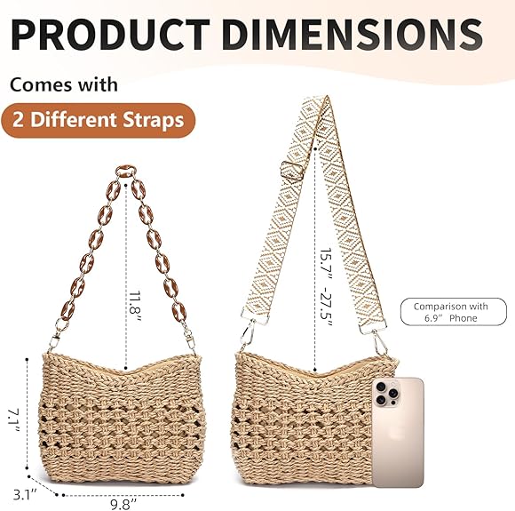 Small Straw Crossbody Bag for Women – Handmade Woven Purse with Chain