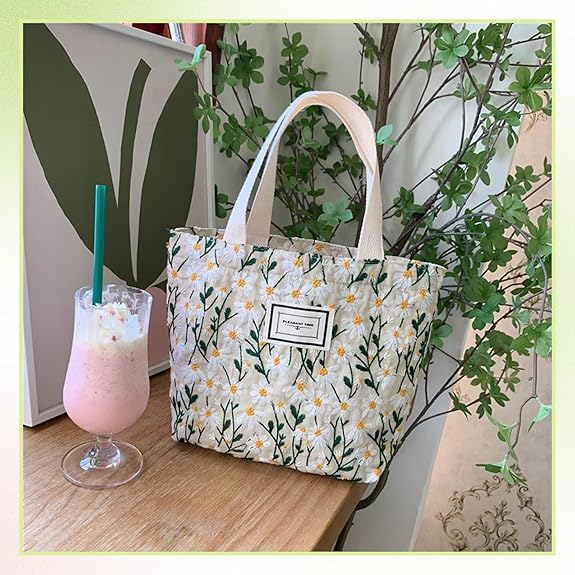 Embroidered Canvas Tote Bag – Small Floral Hobo Purse for Women