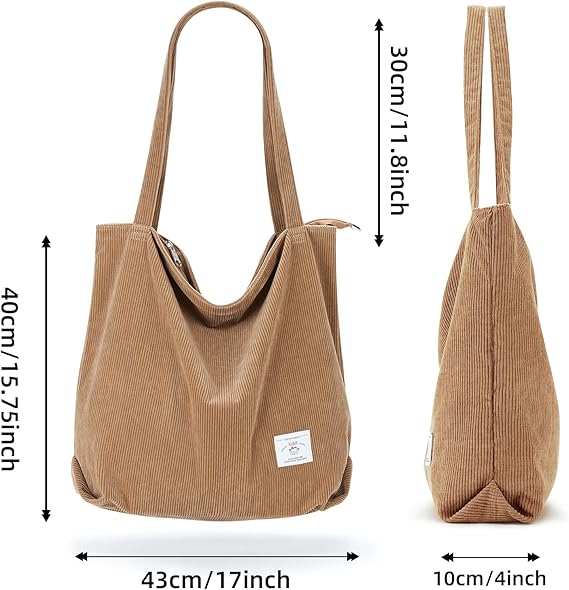 Corduroy Tote Bag for Women – Casual Zipper Shoulder Bag with Pockets
