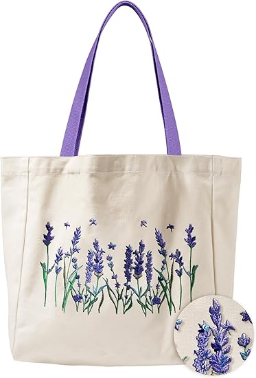 Embroidered Cotton Tote Bag for Women with Magnetic Snap and Zipper Pocket