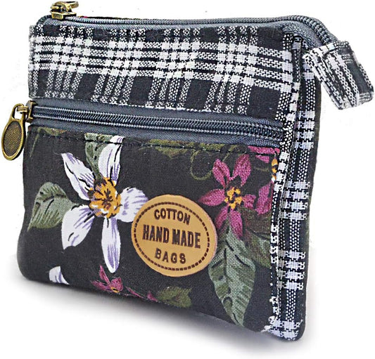 Women’s Small Embroidered Coin Purse – Double Zipper Cotton Wallet