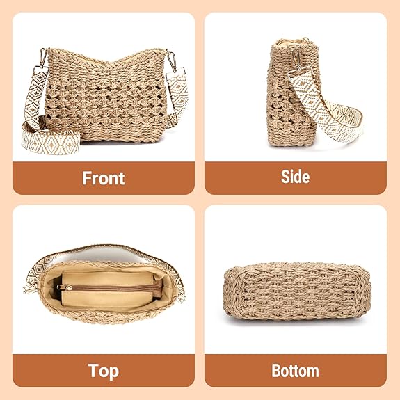 Small Straw Crossbody Bag for Women – Handmade Woven Purse with Chain
