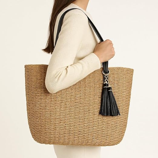 Medium Woven Straw Tote Bag for Women – Handmade Summer Travel Bag