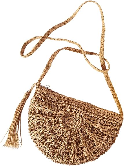 Handmade Straw Crossbody Bag – Woven Boho Shoulder Purse with Tassels for Women