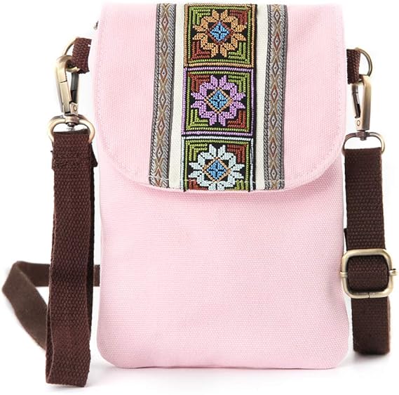 Vintage Embroidered Canvas Crossbody Phone Pouch – Small Wallet Bag