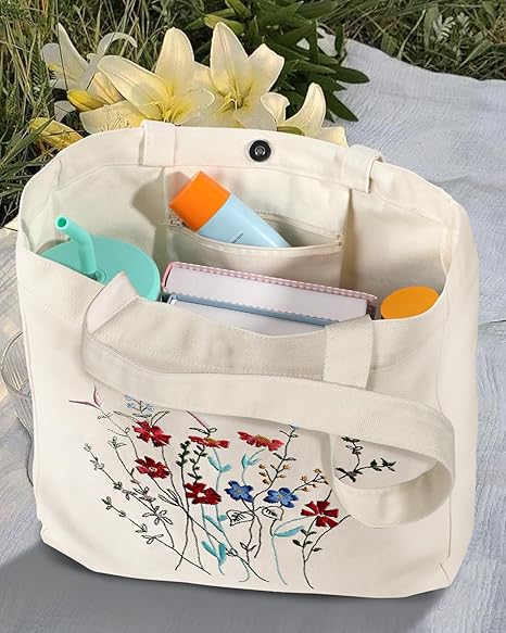 Embroidered Cotton Tote Bag for Women with Magnetic Snap and Zipper Pocket