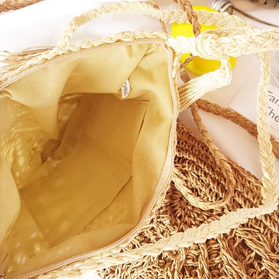 Handmade Straw Crossbody Bag – Woven Boho Shoulder Purse with Tassels for Women
