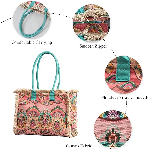 Boho Canvas Tote Bag for Women – Ethnic Style Shoulder Bag with Tassels
