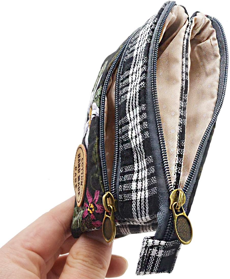 Women’s Small Embroidered Coin Purse – Double Zipper Cotton Wallet