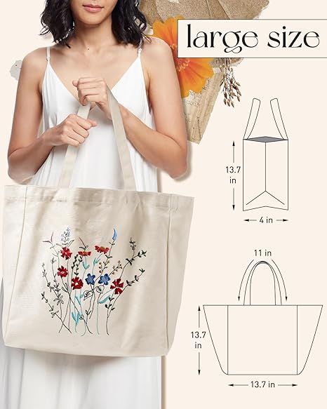 Embroidered Cotton Tote Bag for Women with Magnetic Snap and Zipper Pocket