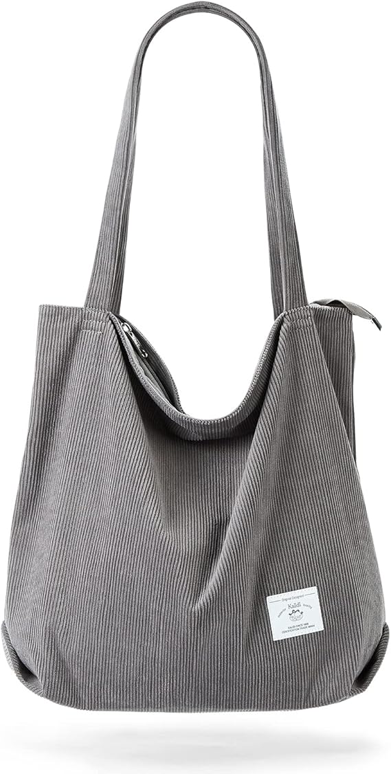 Corduroy Tote Bag for Women – Casual Zipper Shoulder Bag with Pockets