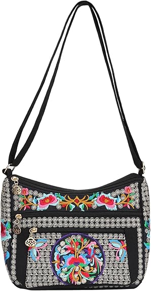 Embroidered Canvas Small Crossbody Bag with 3 Zippers – Phone Purse for Women