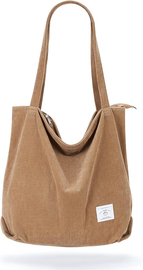 Corduroy Tote Bag for Women – Casual Zipper Shoulder Bag with Pockets