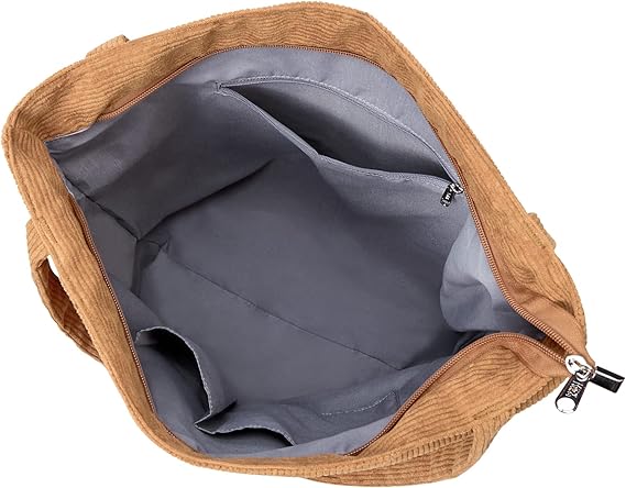 Corduroy Tote Bag for Women – Casual Zipper Shoulder Bag with Pockets