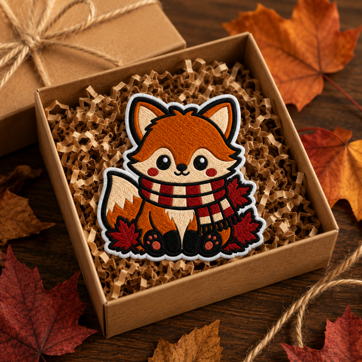 Autumn Fox Embroidered Iron-On Patch – Cozy Fall Fox with Scarf Applique