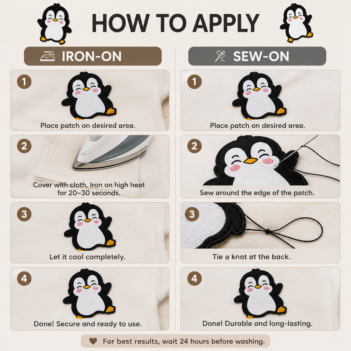 Penguin Embroidered Iron-On Patch – Kawaii Happy Penguin Applique