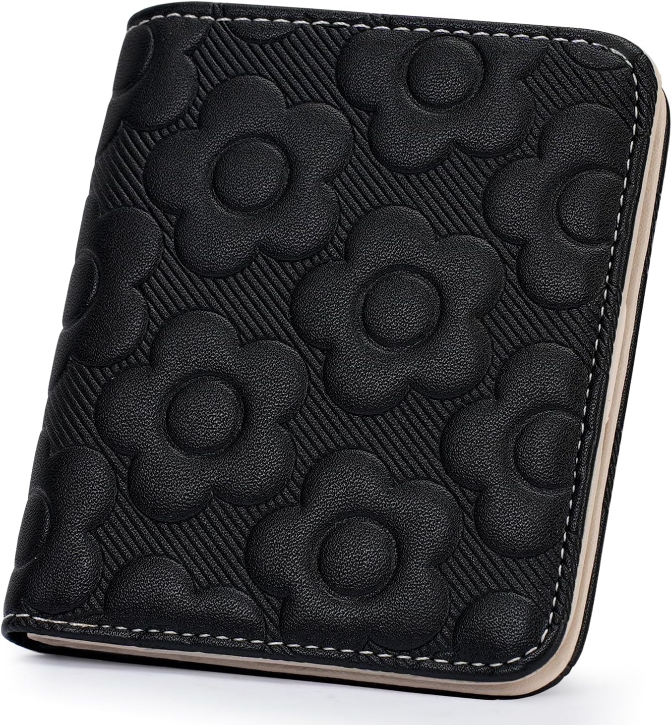 Slim RFID Leather Wallet for Women – Embossed Flower Bifold with Zipper