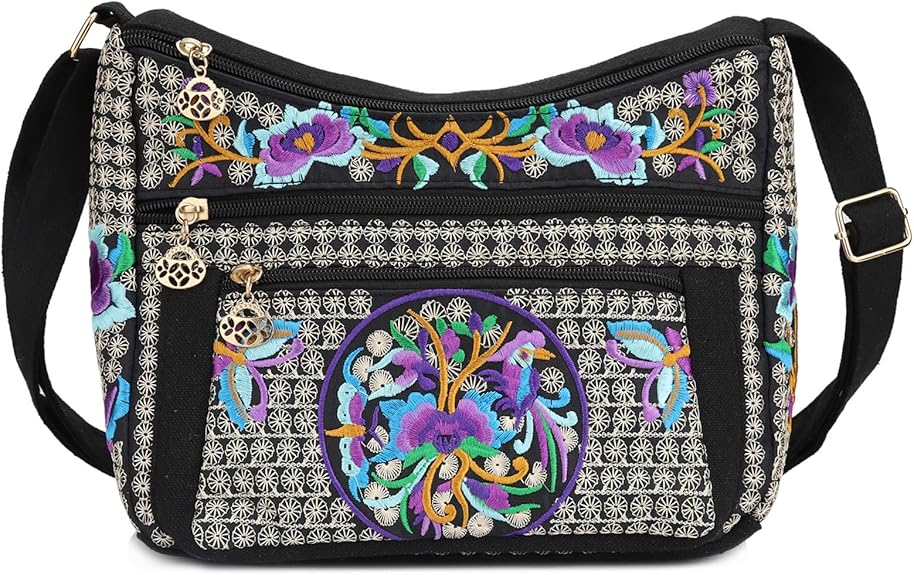 Embroidered Canvas Small Crossbody Bag with 3 Zippers – Phone Purse for Women