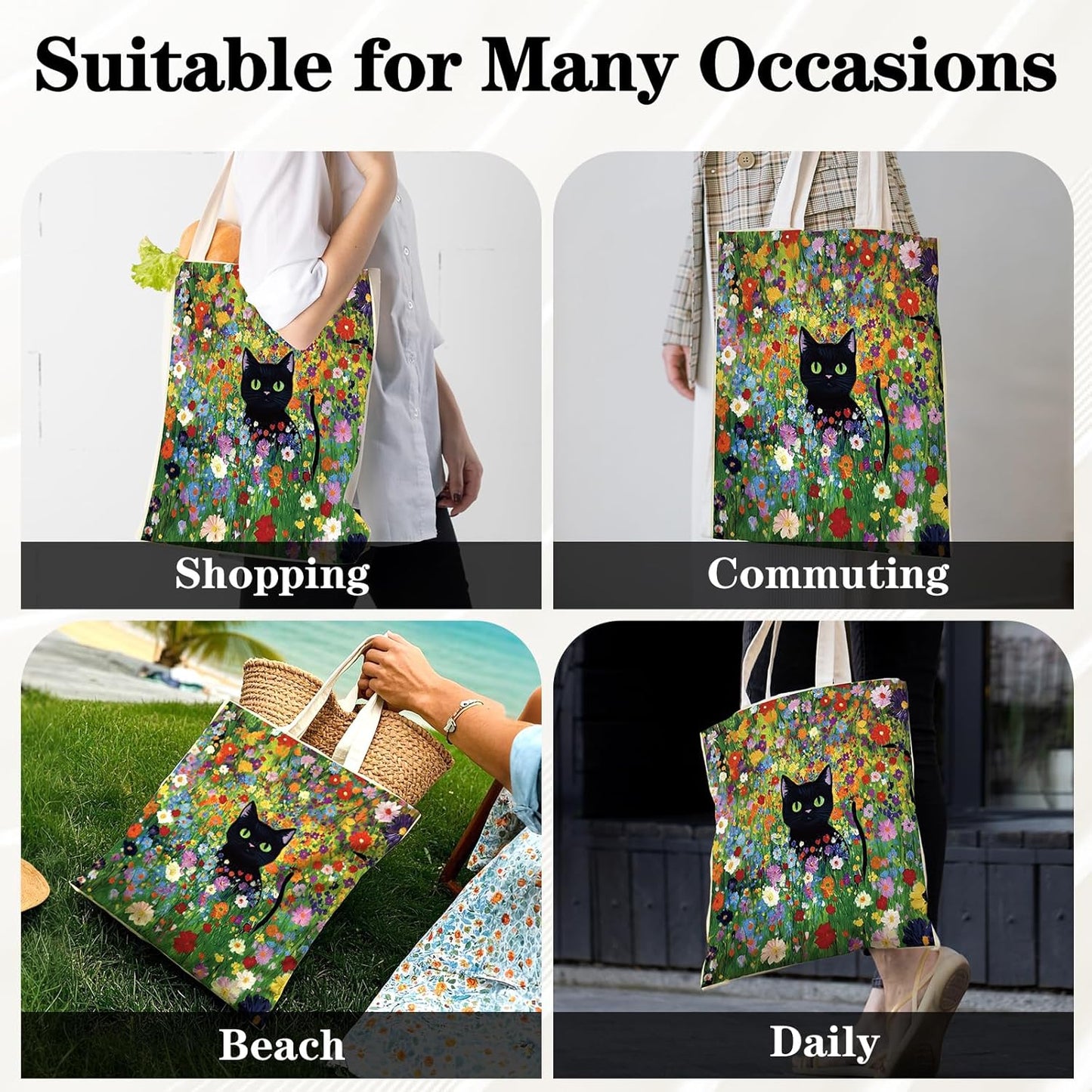 Black Cat Canvas Tote Bag – Cute Floral Gift for Cat Lovers, Shopping or Travel