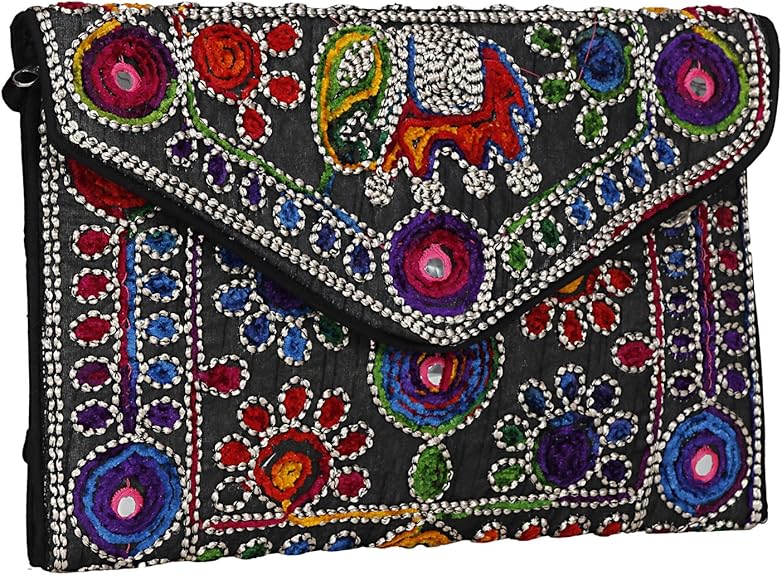 Jaipuri Art Sling Bag – Foldover Clutch Purse with Traditional Indian Embroidery