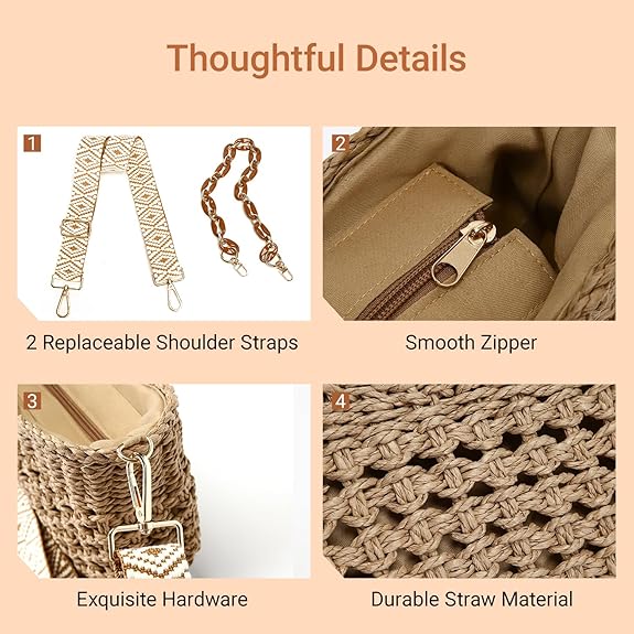 Small Straw Crossbody Bag for Women – Handmade Woven Purse with Chain